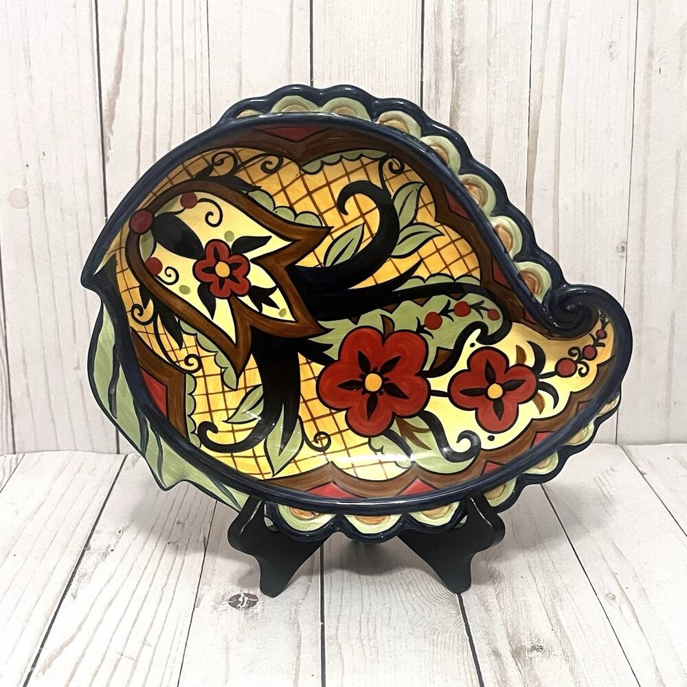 Vintage Corsica Home Hand-Painted Ceramic Dish – Paisley Leaf Shape, 9.5” x 8”
